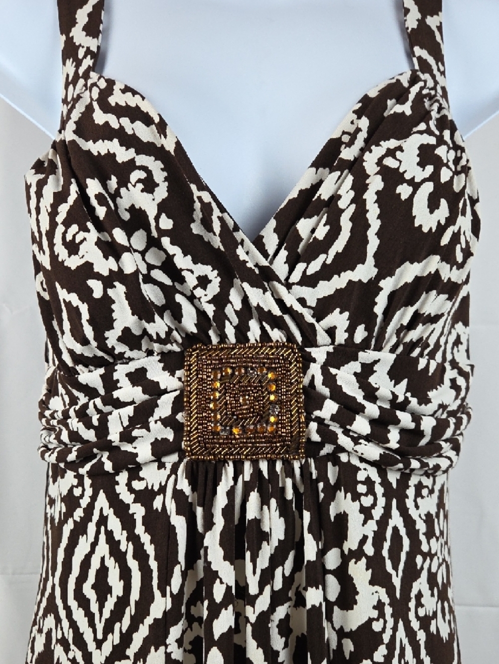 Enfocus Studio Brown and White Sleeveless Midi Dress with Embellished Waist